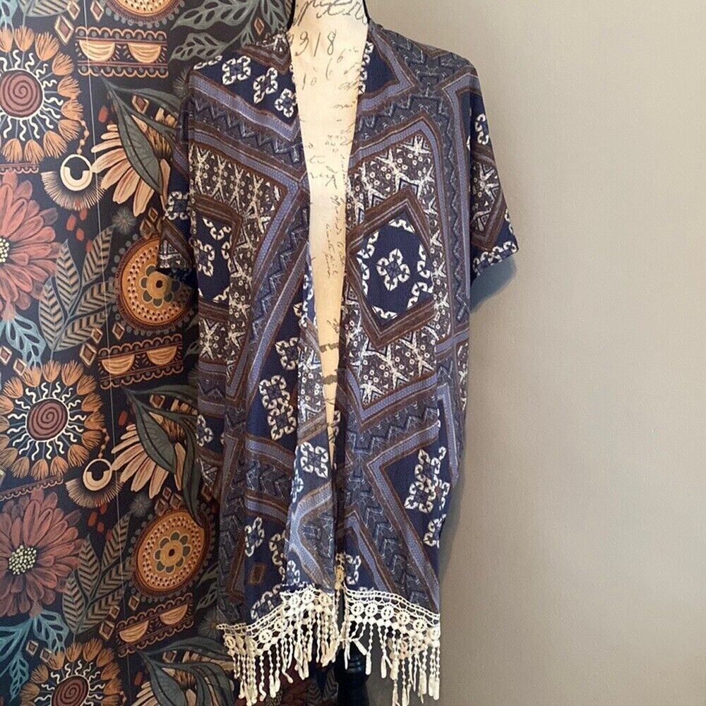 NWT Blue Printed Fringed Open Front Kimono Size Small